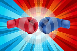 Fighting for comic background. Boxing gloves Red and Blue hitting together on comic background.