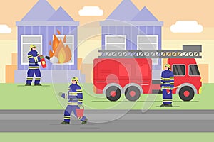 Fighting fire in house with fire truck, flat cartoon vector illustration