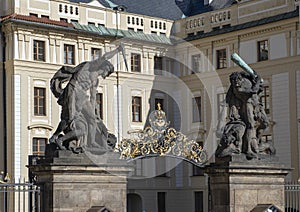Fighting Giants or Wrestling Titans at the entrance gate to the Prague Castle, Czech Republic