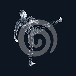 Fighting Man. 3D Model of Man. Human Body Model. Body Scanning. View of Human Body. Vector Graphics Composed of Particles