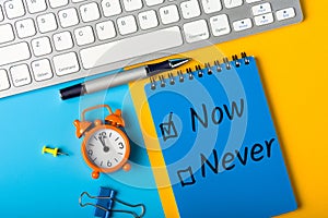 Fighting procrastination concept - check-box with call to act Now or never, Do it now