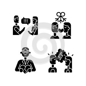 Fighting in relationship black glyph icons set on white space