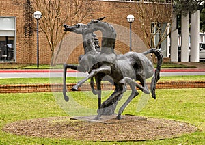 `Fighting Stallions` by Polish artist Anna Debska, located at the Dallas Decorative Center in the Dallas Design District, Texas.