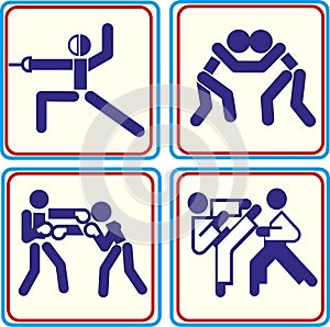 Fighting, wrestling martial arts and boxing icons Vector icons for digital and print projects