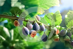 Figs on the branch hanging on a figs tree, plantation.