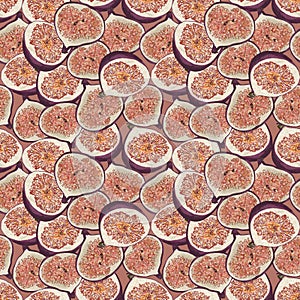 Figs fruits seamless pattern. Realistic drawing healthy food repeat background. Colored sweet abstract design for print