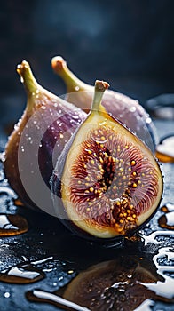 Figs with honey drips and reflections, macro cinematic tone