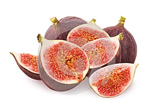 Figs isolated.Fig whole ripe fruit or berry group and cut  juicy slice and half with seeds and pulp isolated on white background