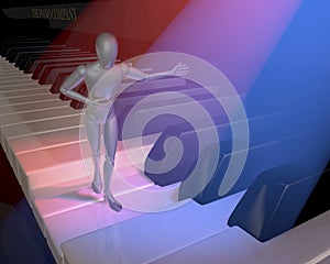Figur, character, show host presenting on a piano keyboard, clavier, lit in red and blue spotlights photo