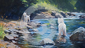 Figurative Impressionism: Two White Dogs By The Stream