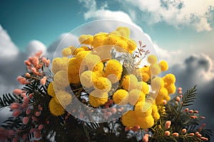 Figurative mimosa pompom clouds. Generate AI