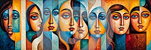 Figurative Art in a Cubist Painting: A Group of People with Symmetrical Facial Features and Different Colored Faces photo