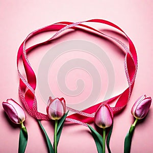 Figure 8 made of ribbon and tulip flowers for International Women\'s Day celebration