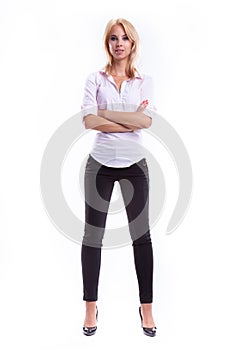 figure of a beauty young blonde woman casual dress code on white background