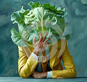 Figure with a cabbage head, hand on face in a facepalm gesture