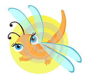 Figure cartoon dragonfly, in vector style, orange dragonfly, flying against the background of the blue circle, print for design, c