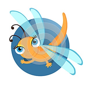 Figure cartoon dragonfly, in vector style, orange dragonfly, flying against the background of the blue circle, print for design, c