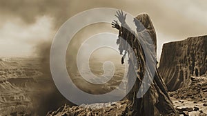 A figure cloaked in tattered fabric stands at the edge of a cliff overlooking the wasteland. Their hands are raised