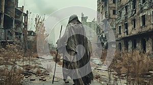 A figure cloaked in tattered fabric and walking stick in hand faces away from the camera as they navigate through the