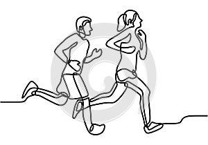 Figure continuous line group of couple man and woman jogging. A loving couple playing sports, running around. Man and girl running