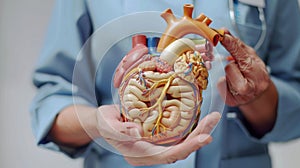 The figure of a doctor holding a heart model in his left hand demonstrates anatomy of the human body model on a white