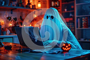 Figure draped in white sheet mimicking ghost while using laptop in dimly lit room, concept of online haunting