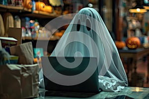 Figure draped in white sheet mimicking ghost while using laptop in dimly lit room, concept of online haunting