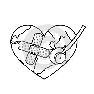 figure earth planet heart with stethoscope and band aid icon