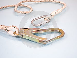 Figure eight knot with carabiner. Silver carabiner with lock