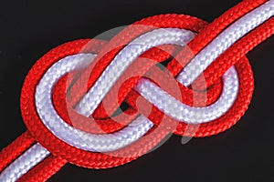 Figure of eight knot formed from red and white cord