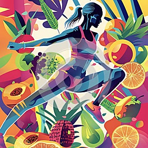 Figure of a girl on a background of vegetables and fruits