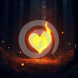 figure heart on fire in dark forest