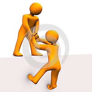 Figure helping person up wall