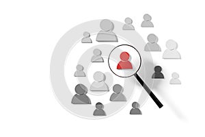 Figure highlighted by magnifier in group other figures on white background, human resource management, teamlead, management or