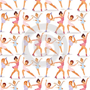 Figure ice skater women vector beauty sport girls doing exercise and tricks jump characters dancer people performance