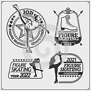 Figure ice skating set emblems. Beautiful women, silhouettes of figure skaters.
