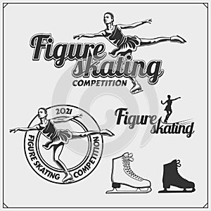 Figure ice skating set emblems. Beautiful women, silhouettes of figure skaters.