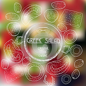 Figure ingredients to a Greek salad on a blurred b