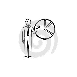 Figure of man with diagram hand drawn sketch icon.