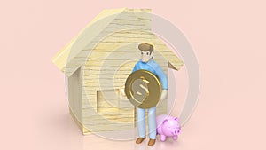 The figure man hold gold coin and wood house for property or building concept 3d rendering