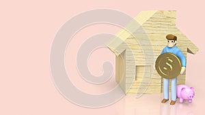 The figure man hold gold coin and wood house for property or building concept 3d rendering