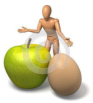 Figure, man offering apple and egg - metaphor for bargain