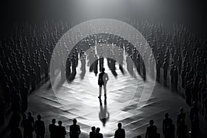 The figure of a man standing in the center of a huge crowd. Business concept