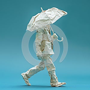 Figure of a man walking under an umbrella, made of crumpled paper, bad weather, rain, storm, precipitation photo