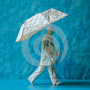 Figure of a man walking under an umbrella, made of crumpled paper, bad weather, rain, storm, precipitation. photo