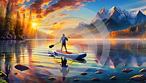 figure with a paddleboard on a lake