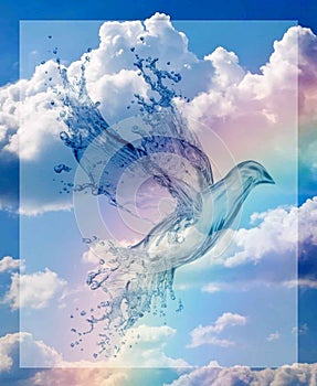 The figure of a pigeon out of the water against the backdrop of a rainbow sky and clouds.