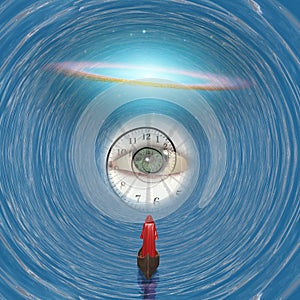 Figure in red robe in time tunnel