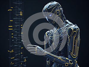 Figure of robot made of metal and electronic systems. Cyborg robot on dark background. generative AI