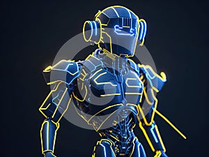 Figure of robot made of metal and electronic systems. Cyborg robot on dark background. generative AI